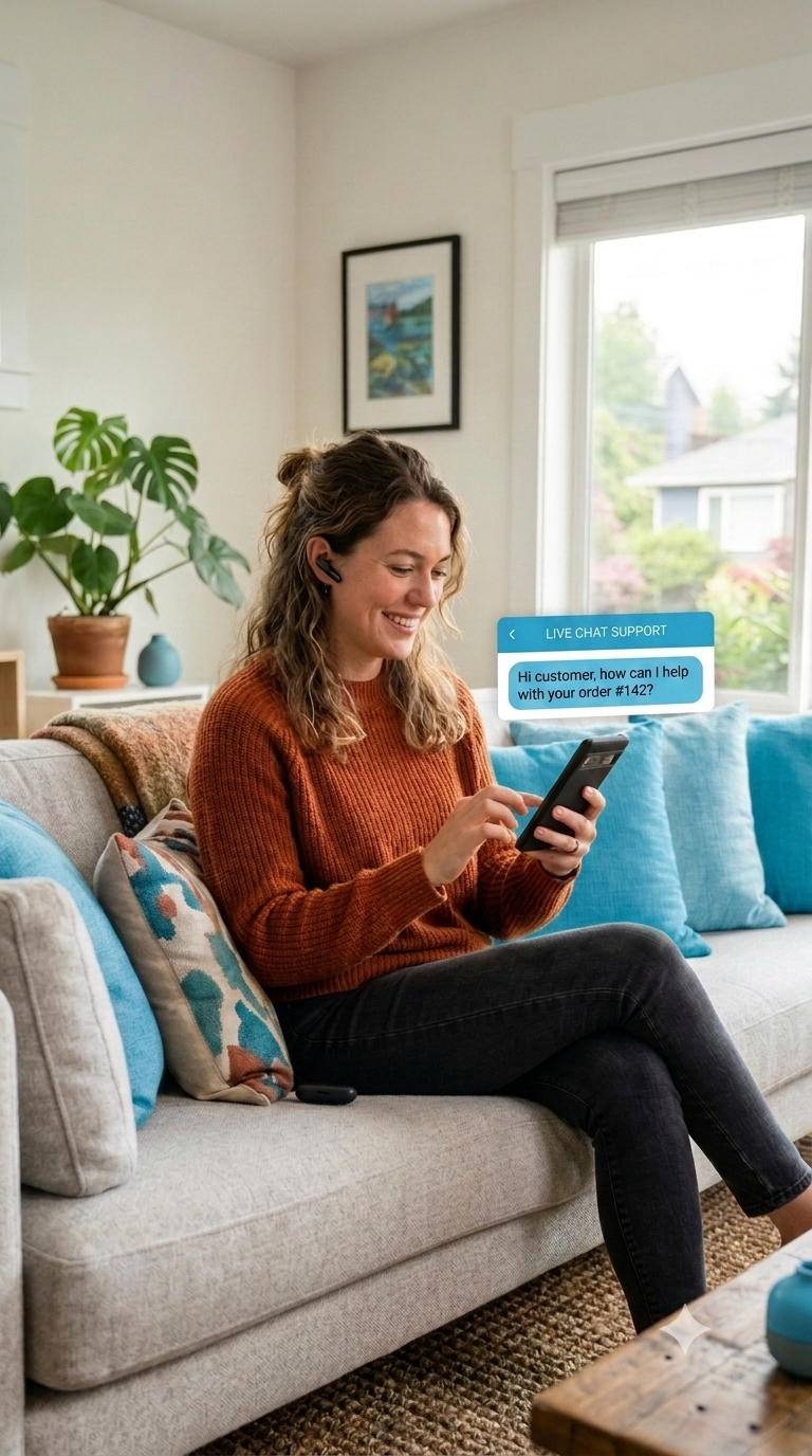Freelancer providing live chat support from a home office